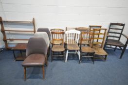 A SELECTION OF CHAIRS, of various style, materials and ages (condition:-all chairs with some faults)