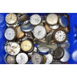 A BOX OF ASSORTED POCKET WATCHES AND STOP WATCHES, a boxed 'Fidlay & Co' stop watch, novelty