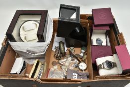 A BOX OF ASSORTED ITEMS, to include two gents boxed 'Accurist' wristwatches, a small black watch