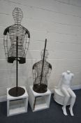 TWO WIRE FEMALE MANNEQUINS, on distressed later added bases, along with a child shop display