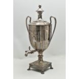 A LATE VICTORIAN NEO CLASSICAL STYLE SILVER PLATED SAMOVAR, the twin handled urn with beaded rims,