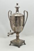 A LATE VICTORIAN NEO CLASSICAL STYLE SILVER PLATED SAMOVAR, the twin handled urn with beaded rims,