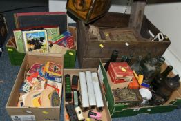 FIVE BOXES OF COLLECTABLE VINTAGE TINS, BOTTLES AND MISCELLANEOUS ITEMS, to include four 1920-1930's