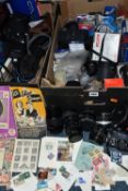 THREE BOXES OF VINTAGE CAMERAS, PHOTOGRAPHIC EQUIPMENT AND STAMPS including a Pentax ME Super,