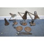 A SELECTION OF BROWN HERBERT TERRY ANGLE POISE DESK LAMPS, to include two complete lamps, one lamp
