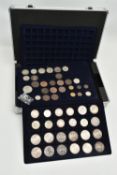 A ALUMINIUM COIN CASE CONTAINING AMUNTS OF SILVER COINAGE TO INCLUDE: 15 X Crown coins most with