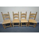 A SET OF FOUR BEECH KITCHEN CHAIRS (condition:-all with surface ware)