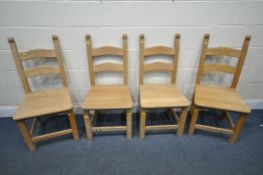 A SET OF FOUR BEECH KITCHEN CHAIRS (condition:-all with surface ware)