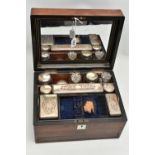 A VICTORIAN ROSEWOOD TOILET BOX OF RECTANGULAR FORM, inlaid with mother of pearl escutcheon and