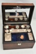 A VICTORIAN ROSEWOOD TOILET BOX OF RECTANGULAR FORM, inlaid with mother of pearl escutcheon and