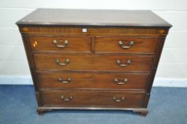 A GEORGIAN MAHOGANY AND INLAID CHEST OF TWO SHORT OVER THREE LONG DRAWERS, with brass swan neck