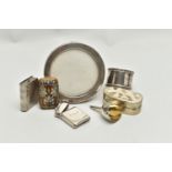 A SMALL PARCEL OF SILVER AND PLATED ITEMS, comprising a Victorian vesta case, engraved initials,