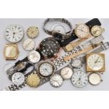A BOX OF ASSORTED WRIST WATCHES, WATCH HEADS AND MOVEMENTS, six wristwatches, names to include