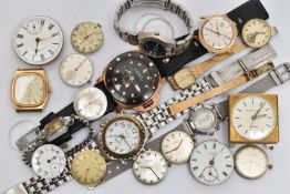 A BOX OF ASSORTED WRIST WATCHES, WATCH HEADS AND MOVEMENTS, six wristwatches, names to include