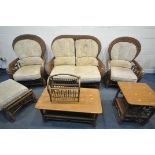A SEVEN PIECE WICKER CONSERVATORY SUITE, comprising a two seater sofa, length 136cm, a pair of