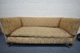 A 19TH CENTURY BOX FRAMED SOFA, in the manner of Howard and Sons, on shaped legs and later
