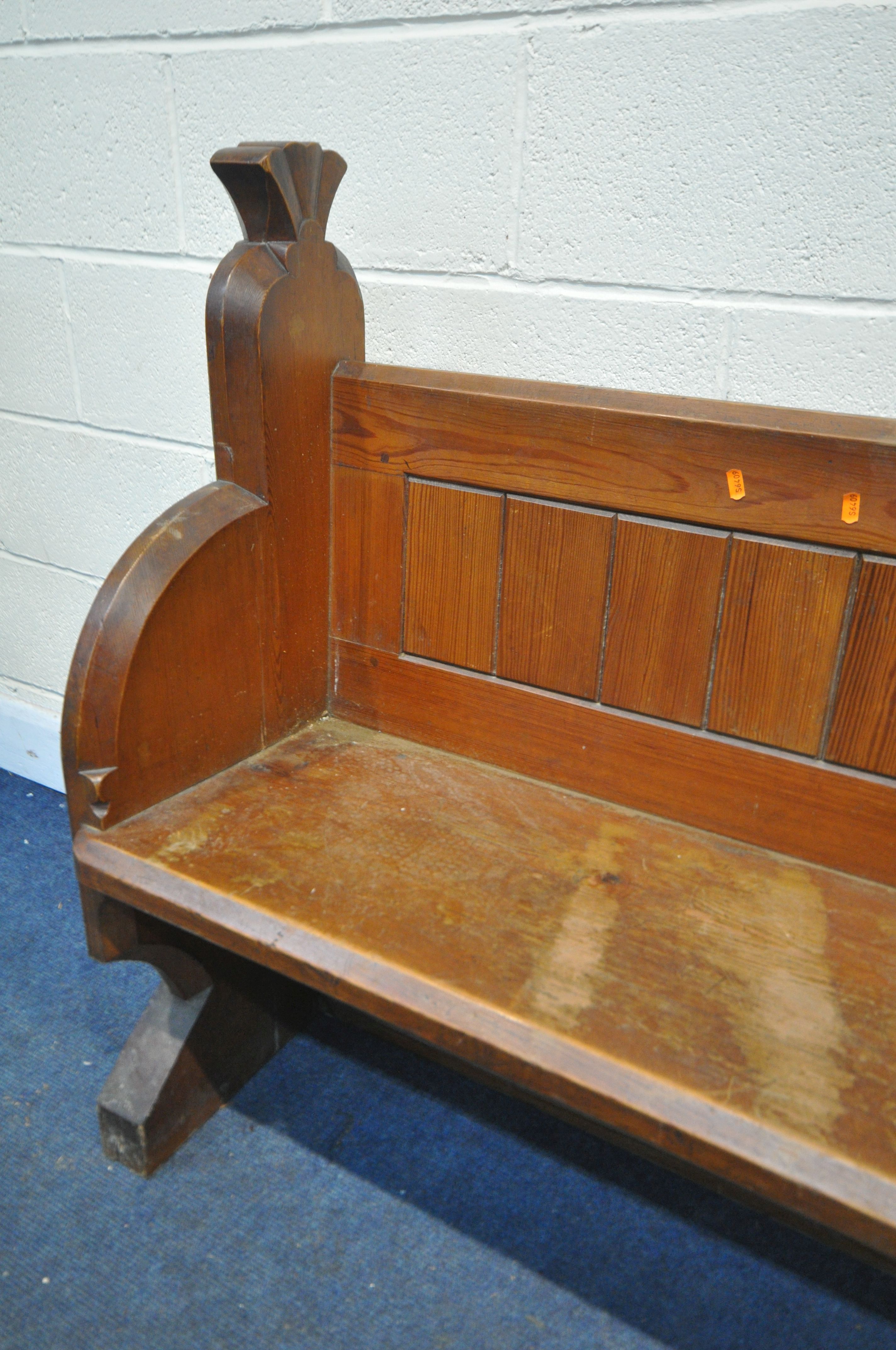 A PITCH PINE CHURCH PEW, length 197cm x depth 50cm x height 97cm (condition:-worn and water - Image 4 of 4