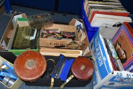 THREE BOXES AND LOOSE RECORDS, DVDS, CDS AND DRAWING EQUIPMENT, to include over seventy records by