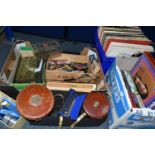 THREE BOXES AND LOOSE RECORDS, DVDS, CDS AND DRAWING EQUIPMENT, to include over seventy records by