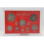 A FRAMED COLLECTION OF QUEEN VICTORIA COINAGE TO INCLUDE: 1889 Crown,1887 Double Florin,1889