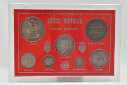 A FRAMED COLLECTION OF QUEEN VICTORIA COINAGE TO INCLUDE: 1889 Crown,1887 Double Florin,1889