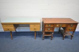 A MID CENTURY GREEN FORMICA TOPPED AND TEAK DESK, possibly by Ekawerk Horn Lippe of Germany, with
