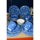 A THIRTY TWO PIECE TG GREEN BLUE DOMINO PATTERN PART DINNER SERVICE, comprising two dinner plates,