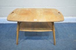 AN ERCOL ELM TRAY COFFEE TABLE, with twin handles, on cylindrical uprights, and undershelf, width