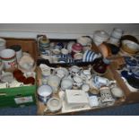 FIVE BOXES OF VINTAGE CERAMIC KITCHEN WARES, to include a Mason's cheese dish, a Hornsea cannister