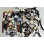 A SMALL BOX OF WATCHES, mainly gents wristwatches, to include Lorus, Accurist, Ice, Casio etc. (