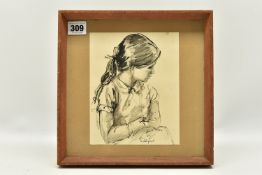Dr RENE PUDDIFOOT (20TH CENTURY) A SENSITIVE PORTRAIT OF A YOUNG GIRL, a seated half-length study,