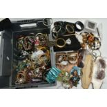 A BOX OF ASSORTED COSTUME JEWELLERY, to include beaded necklaces, fob watch, bangles, imitation