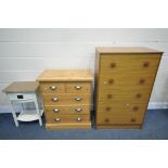 A MODERN PINE TWO OVER THREE CHEST OF DRAWERS, width 76cm x depth x 46cm x height 89cm, along with a