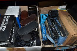 TWO BOXES OF OPTICAL AND ELECTRICAL EQUIPMENT ETC, to include a boxed pair of Carl Zeiss 10x40B