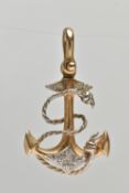 A YELLOW METAL AND DIAMOND ANCHOR PENDANT, a yellow metal anchor with white metal detail, set with