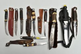 SIX SHEATHED HUNTING KNIVES, THREE FURTHER HUNTING KNIVES AND A SHEATHED NEMROD DIVER'S KNIFE, the
