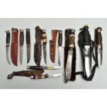 SIX SHEATHED HUNTING KNIVES, THREE FURTHER HUNTING KNIVES AND A SHEATHED NEMROD DIVER'S KNIFE, the