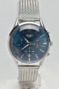 A GENTS STAINLESS STEEL 'HENRY LONDON' WRISTWATCH, round blue dial signed 'Henry London', Arabic