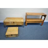 A PINE STORAGE COFFEE TABLE, on metal shaped legs, width 106cm x depth 60cm x height 42cm, a