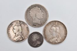 A SMALL SILVER COIN GROUP OF COINS, to include (ANNA) Anne 1709 Shilling, a Worn George III Crown,