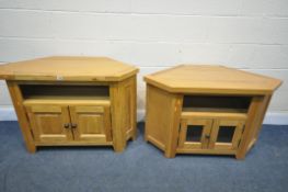 TWO SOLID OAK CORNER TV CABINETS, both with double doors, larger cabinet width x 46cm x depth 50cm x