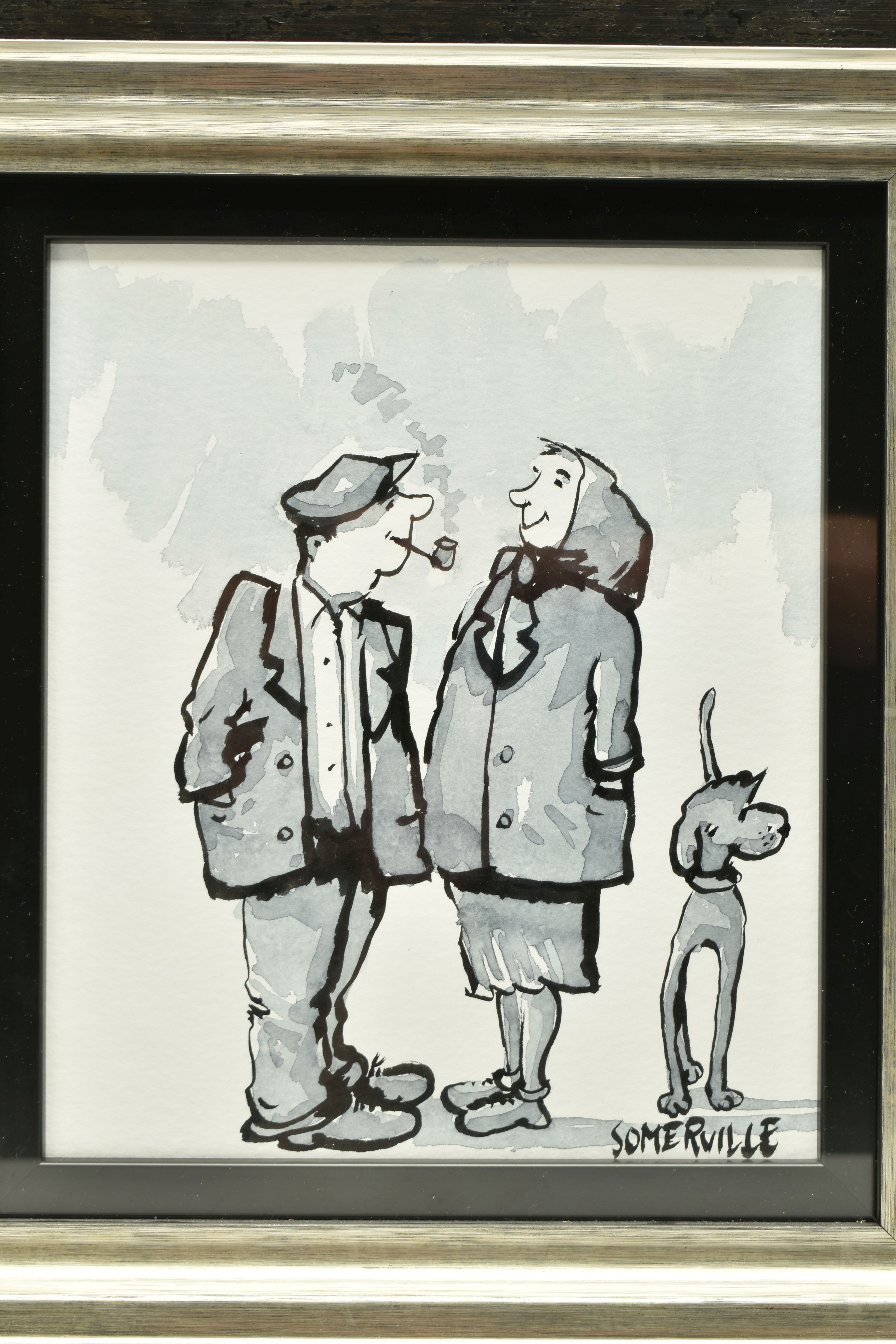 GEORGE SOMERVILLE (SCOTLAND 1947) MALE AND FEMALE FIGURES IN CONVERSATION WITH THEIR DOG, signed - Image 2 of 5