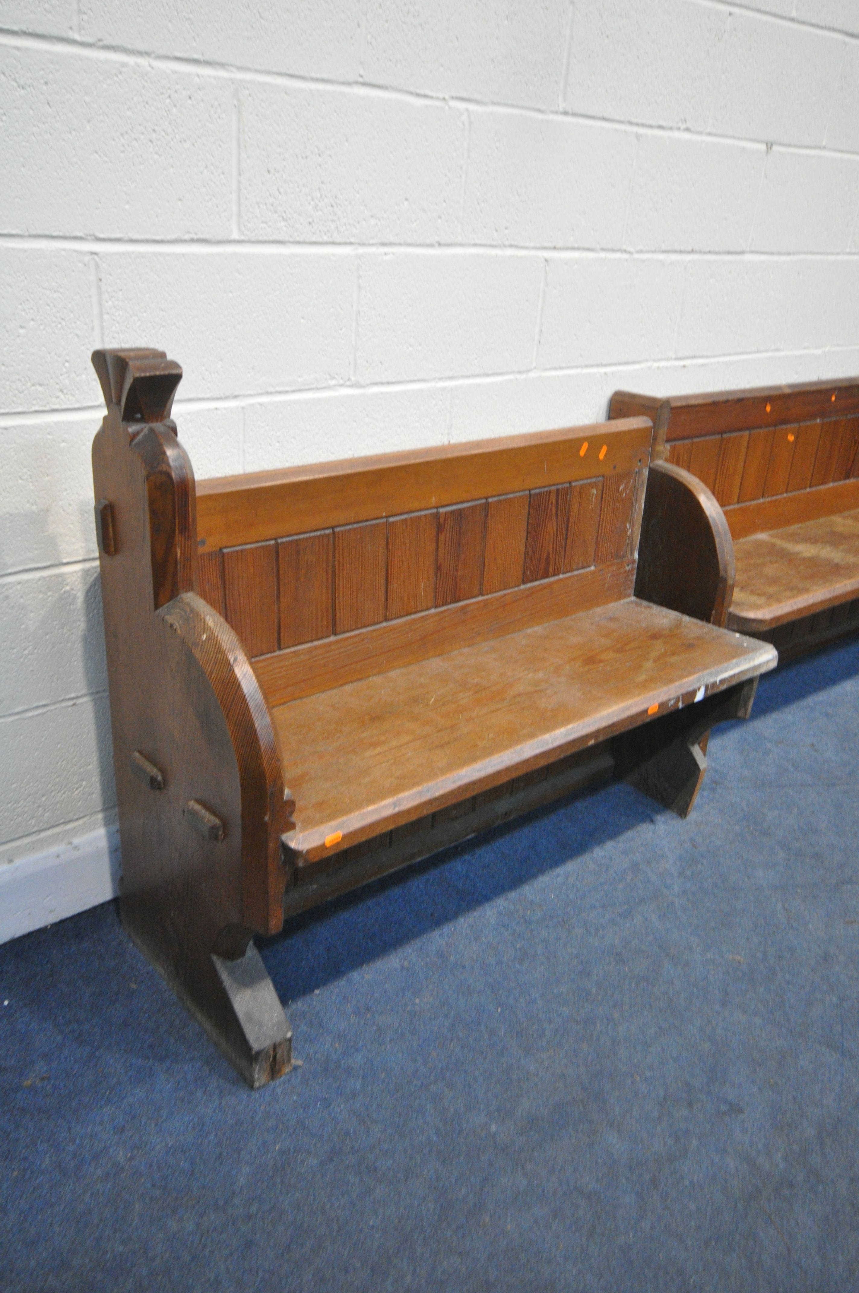 A PITCH PINE CHURCH PEW, length 197cm x depth 47cm x height 97cm, along with a matching church pew - Image 2 of 4