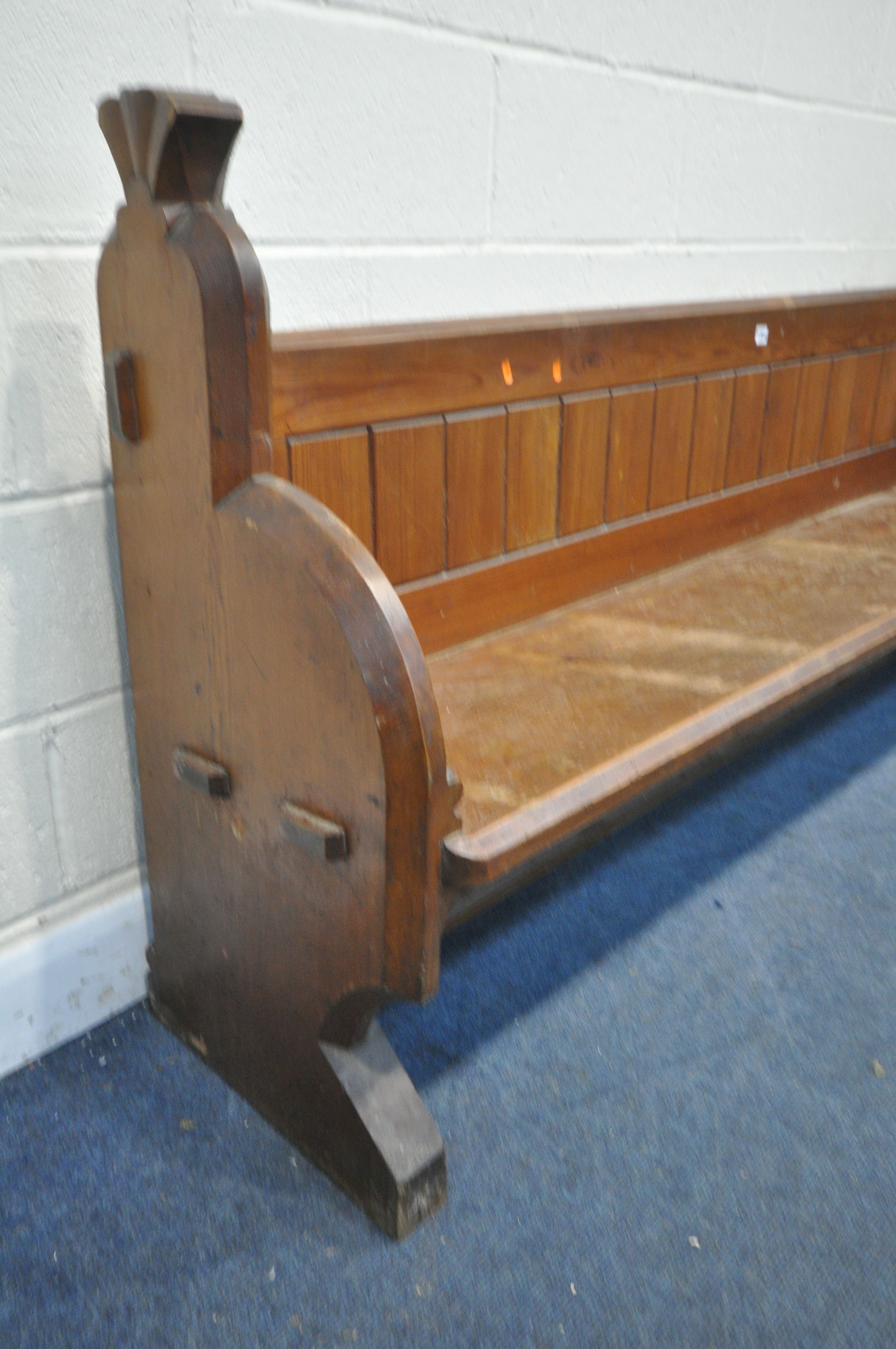 A PITCH PINE CHURCH PEW, length 197cm x depth 50cm x height 97cm (condition:-worn and water - Image 2 of 4