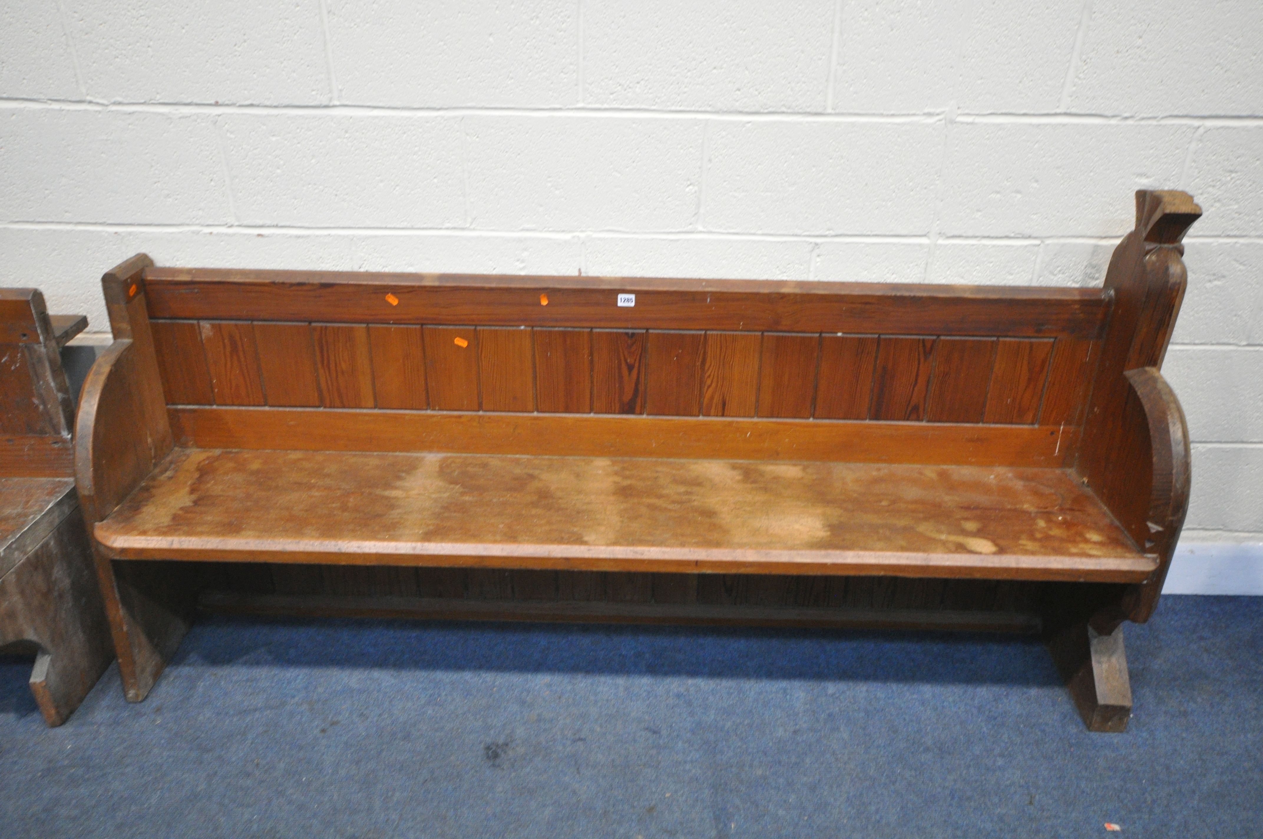 A PITCH PINE CHURCH PEW, length 197cm x depth 47cm x height 97cm, along with a matching church pew - Image 3 of 4