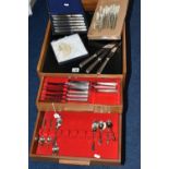 A TEAK TWO DRAWER CANTEEN OF BENNETT & HERON SILVER PLATED CUTLERY, the cabinet with open area and