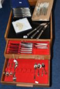 A TEAK TWO DRAWER CANTEEN OF BENNETT & HERON SILVER PLATED CUTLERY, the cabinet with open area and