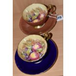 TWO AYNSLEY ORCHARD GOLD TEACUPS AND SAUCERS, each teacup having interior Orchard Gold pattern