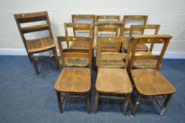 NINE STAINED BEECH CHURCH CHAIRS, along with five beech stacking chairs (condition:-all chairs