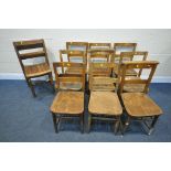 NINE STAINED BEECH CHURCH CHAIRS, along with five beech stacking chairs (condition:-all chairs